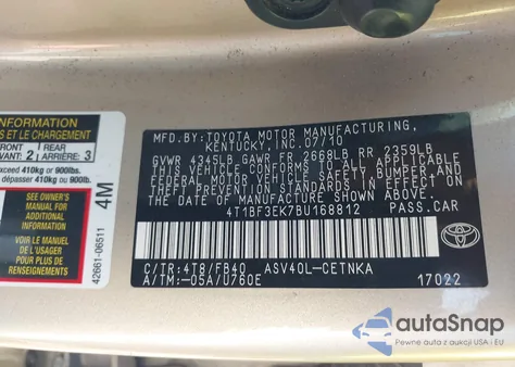 2011 Toyota Camry Le z USA, uszkodzony, nr VIN 4T1BF3EK7BU168812